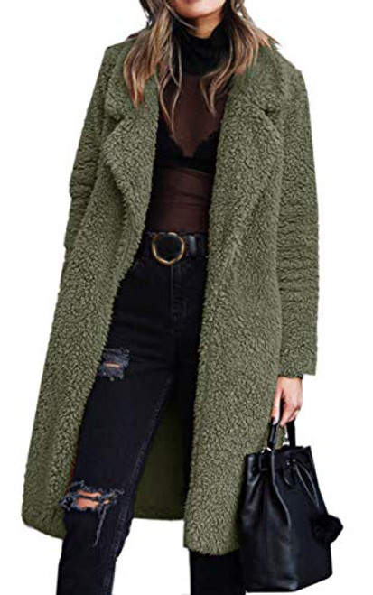 Angashion Women s Fuzzy Fleece Lapel Open Front Long Cardigan Coat Faux Fur Warm Winter Outwear Jackets with Pockets Army Green XL