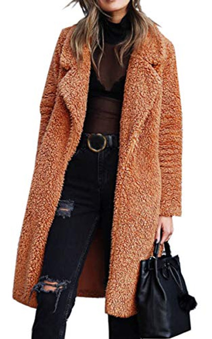 Angashion Women s Fuzzy Fleece Lapel Open Front Long Cardigan Coat Faux Fur Warm Winter Outwear Jackets with Pockets Caramel M