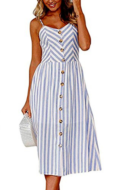 Angashion Women s Dresses Summer Floral Bohemian Spaghetti Strap Button Down Swing Midi Dress with Pockets 0895 Blue S