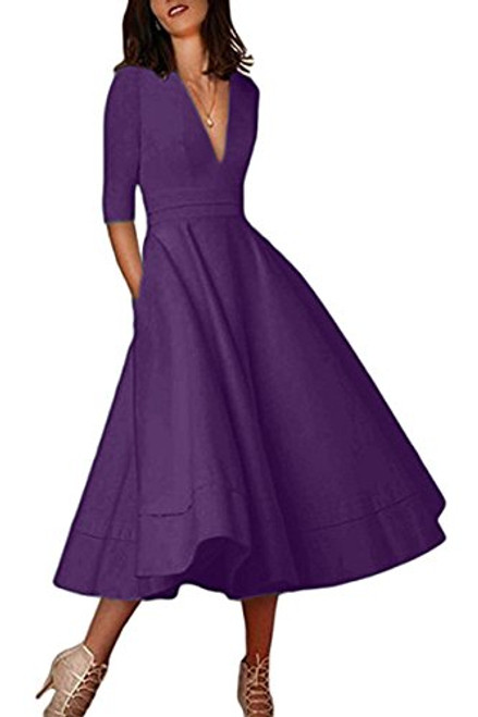 YMING Womens Vintage Dress Deep V Neck Dress Maxi Length Dress with Pockets Dark Purple L