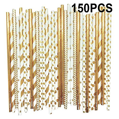 Luckkyme 150Pcs Gold and White Paper Straws Disposable Paper Drinking Straws Biodegradable Foil Gold Striped and Solid Paper Straws for Party Wedding Celebrations Decorations 6 Styles