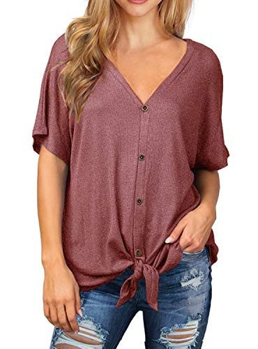 IWOLLENCE Womens Waffle Knit Tunic Blouse Tie Knot Short Sleeve Henley Tops Loose Fitting Bat Wing Shirts Rust Red Large