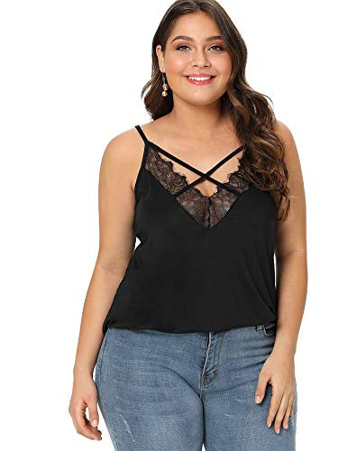 Romwe Women s Plus Size Contrast Lace Criss Cross V Neck Spaghetti Strap Cami Tank Top Black 3X