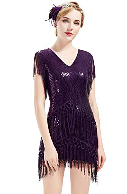 BABEYOND 1920s Flapper Dress Long Fringed Gatsby Dress Roaring 20s Sequins Beaded Dress Vintage Art Deco Dress  Purple XL