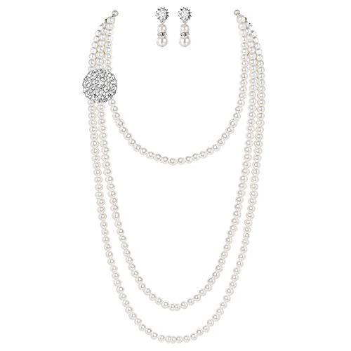 BABEYOND 1920s Gatsby Pearl Necklace Vintage Bridal Pearl Necklace Earrings Jewelry Set Multilayer Imitation Pearl Necklace with Brooch  Style 1 BABEYOND 1920s Gatsby Pearl Necklace Vintage Bridal Pearl Necklace Earrings Jewelry Set Multilayer Imitation Pearl Necklace with Brooch  Style 1