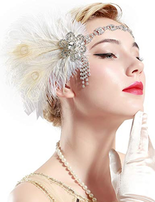 BABEYOND Vintage 1920s Flapper Headband Roaring 20s Great Gatsby Headpiece with Peacock Feather 1920s Flapper Gatsby Hair Accessories White