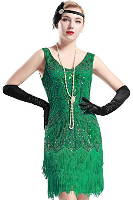 BABEYOND Women s Flapper Dresses 1920s V Neck Beaded Fringed Great Gatsby Dress  Medium Green