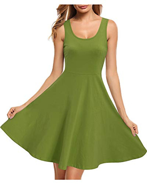 STYLEWORD Women s Sleeveless Casual Cotton Dresses Summer Fit and Flare Midi Dress GreenM