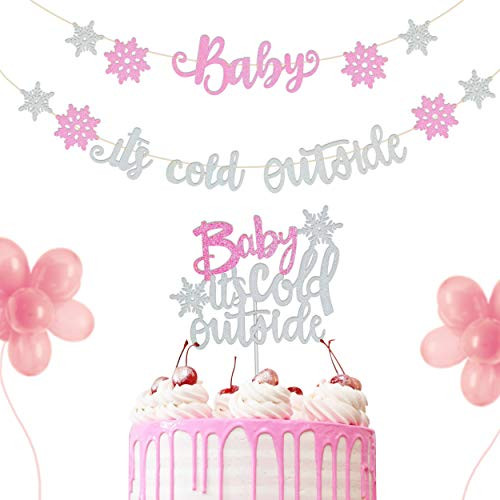 Baby It s Cold Outside Banner Cake Topper Party Decoration Baby Shower Birthday Snowflake Garland Winter Theme Party Supplies  Pink Silver