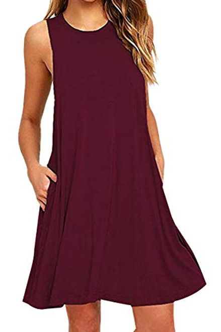 BOFETA Womens Beach Dress Summer Cotton Dress Sleeveless Casual Dress Wine Red L