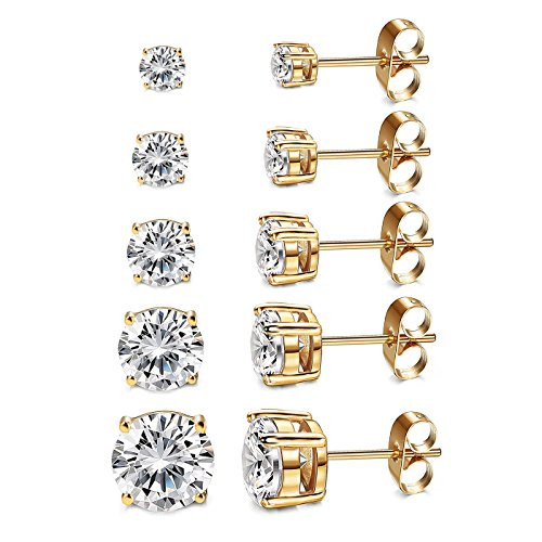 Women s 18K Gold Plated CZ Stud Earrings Simulated Diamond Round Cubic Zirconia Ear Stud Set?5 Pairs Women s 18K Gold Plated CZ Stud Earrings Simulated Diamond Round Cubic Zirconia Ear Stud Set?5 Pairs