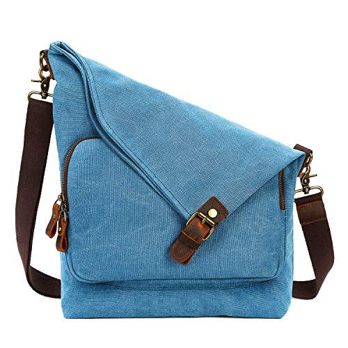 AmHoo Canvas Crossbody Bag for Women Genuine Leather Messenger Purse Handbags Shoulder Bag Hobo Totes Blue