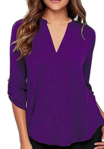 OMZIN Women s Long Sleeve Elegant Blouses V Neck Chiffon Shirts Purple M