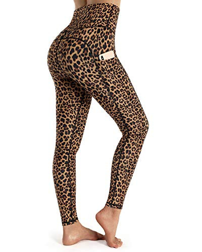 OUGES Womens High Waist Pockets Yoga Pants Running Pants Workout Leopard Leggings?Brown Leopard?L?
