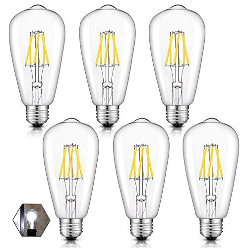 OMAYKEY 6W LED Edison Bulb 5000K Daylight White Glow 65W Equivalent 650 Lumens E26 Base Vintage Edison Style ST64 Clear Glass Dimmable LED Filament Light Bulbs 6 Pack