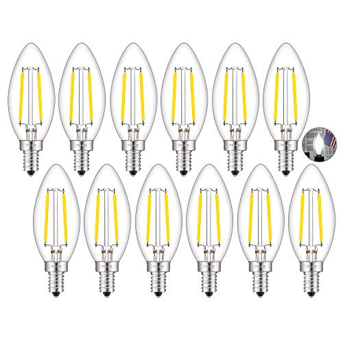 CRLight LED Candelabra Bulb 5000K Daylight White 25W Equivalent 250 Lumens 2W Filament LED Chandelier Light Bulbs E12 Base Vintage Edison B11 Clear Glass Candle Bulbs Non dimmable Version 12 Pack