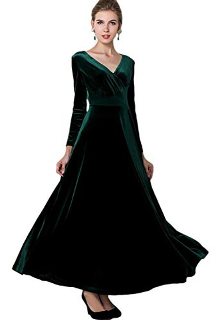 Urban CoCo Women Long Sleeve V Neck Velvet Stretchy Long Dress  Medium Green