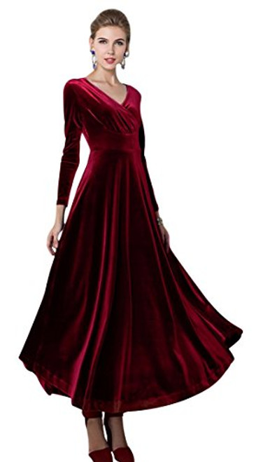 Urban CoCo Women Long Sleeve V Neck Velvet Stretchy Long Dress  Medium Wine Red