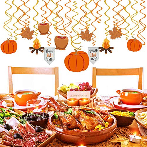 LHKSER 30Ct Thanksgiving Decorations - Colors of Autumn Thanksgiving Party Foil Swirls with Hanging Cutouts Mega Value Pack Ceiling Decorations