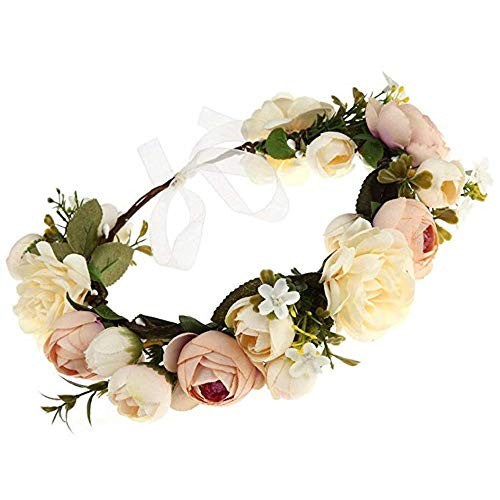 Adjustable Rose Flower Headband Hair Wreath Floral Garland Crown Halo Headpiece with Ribbon Boho Wedding Festival  Pink