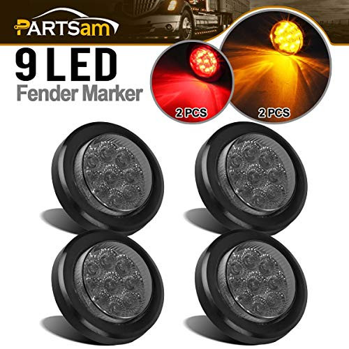 Partsam 4Pcs 2  Inch Smoked Round Led and Side Marker Lights Kit 9 Diodes w Reflectors Grommets Pigtails Truck Trailer Rv Flush Mount Waterproof 12V 2  Round Led Lights  2Amber 2Red