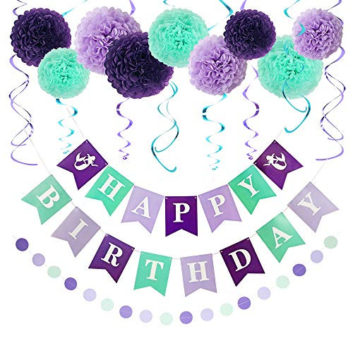 LITAUS Birthday Decorations Mermaid Party Decorations Happy Birthday Banner Poms Kits Hanging Swirls Dot Garland for Mermaid Party Supplies Dini Party Girls Birthday
