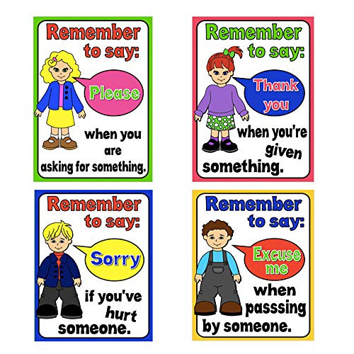 Richardy 4Pcs/Set Learning English Basic Courtesy Flash Cards A4 Posters Classroom Wall Decoration Baby Learning Toys Kindergarten Kids Montessori Teaching Aids