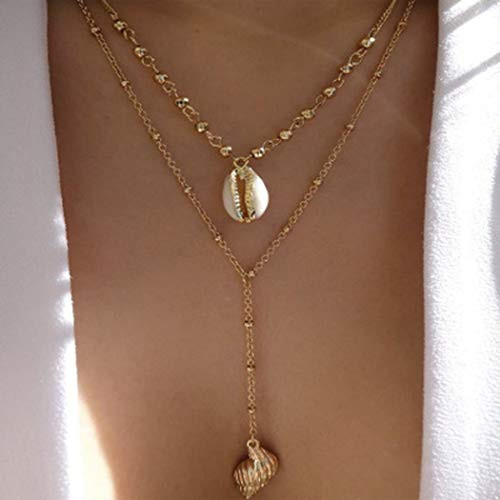 Fdesigner Boho Cowrie Shell Lariat Necklace Gold Layered Conch Y Pendant Necklaces Chain Decorative Beach Jewelry for Women and Girls