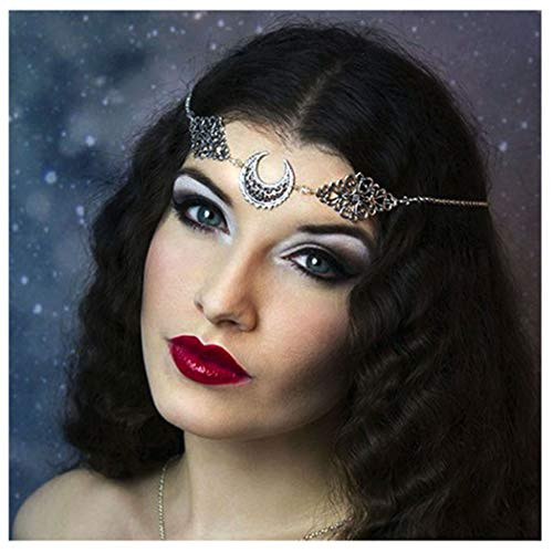CanB Boho Moon Head chain Charm Vintage Hair Chain Festival Forehead Hair Jewelry Silver Gypsy Headpiece Hair Accessories for Women Girls
