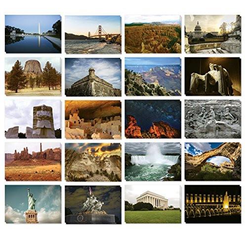 Set of 40 Assorted American Postcards - Variety Pack United States National Monument Postcards Theme Self Mailer Mailing Side Travel Postcards 20 Different Designs, 2 of Each, 40 Pack Postage Saver -