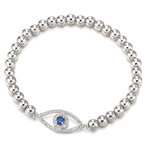 COOLSTEELANDBEYOND Protection Evil Eye Beads Bracelet for Women with Blue and White Cubic Zirconia