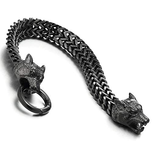 COOLSTEELANDBEYOND Mens Black Wolf Head Steel Franco Link Curb Chain Bracelet with Spring Ring Clasp 87 Inch COOLSTEELANDBEYOND Mens Black Wolf Head Steel Franco Link Curb Chain Bracelet with Spring Ring Clasp 87 Inch