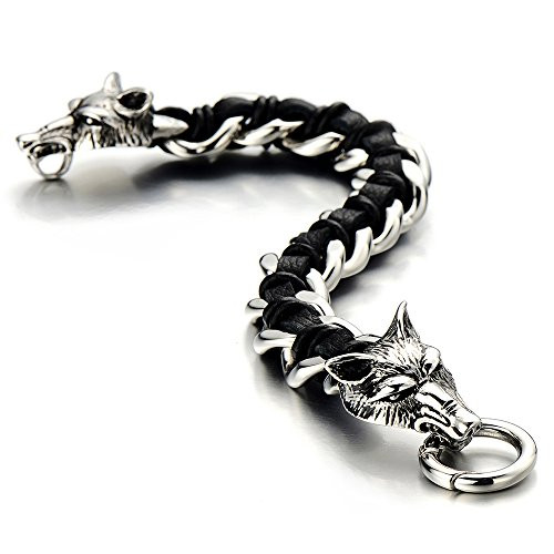 COOLSTEELANDBEYOND Stainless Steel Mens Wolf Head Curb Chain Bracelet Interwoven with Black Genuine Braided Leather