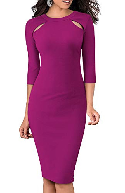 HOMEYEE Women Vintage Hollow Out Round Neck Business Work Dress B488 10Carmine HOMEYEE Women Vintage Hollow Out Round Neck Business Work Dress B488 10Carmine
