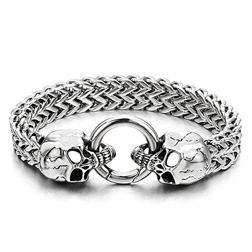 COOLSTEELANDBEYOND Gothic Mens Stainless Steel Skull Franco Link Curb Chain Bracelet with Spring Ring Clasp 85 Inches COOLSTEELANDBEYOND Gothic Mens Stainless Steel Skull Franco Link Curb Chain Bracelet with Spring Ring Clasp 85 Inches