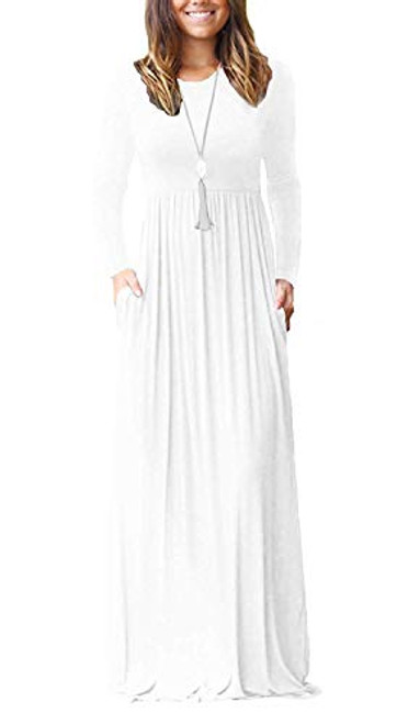 VIISHOW Women s Long Sleeve Loose Plain Maxi Dresses Casual Long Dresses with Pockets White2X Large