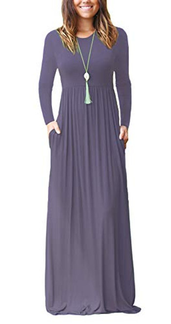 VIISHOW Women s Long Sleeve Loose Plain Maxi Dresses Casual Long Dresses with Pockets Purple Gray Purple GrayL