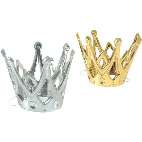 U.S. TOY Dozen Miniature Gold and Silver Party Crowns with Elastic Chin Strap