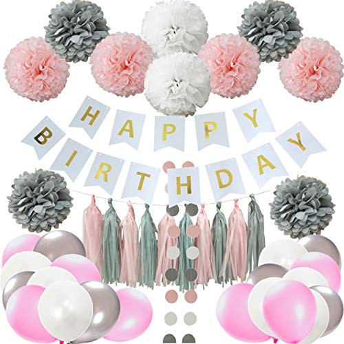 InBy 49pcs Pink Gray White Happy Birthday Party Decoration Supplies Kit Happy Birthday Banner Tissue Paper Pom Pom Tassel Garland Latex Balloon InBy 49pcs Pink Gray White Happy Birthday Party Decoration Supplies Kit Happy Birthday Banner Tissue Paper Pom Pom Tassel Garland Latex Balloon