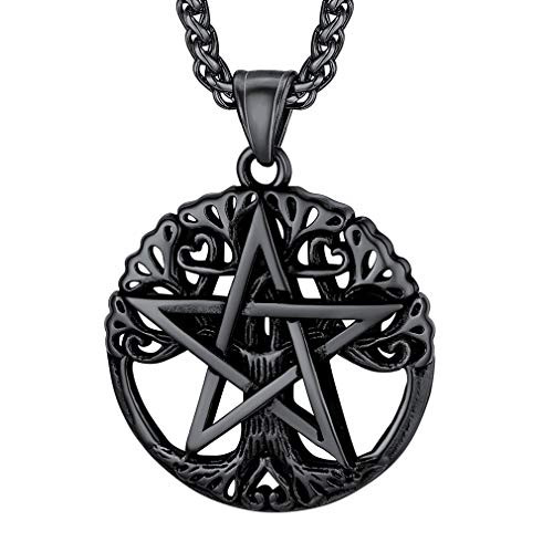 FaithHeart Wicca Pentagram Pendant Star of The Wizard Necklace Stainless Steel Vintage Pentacle Witchcraft Talisman Necklace for Men Original Jewelry Customize Black
