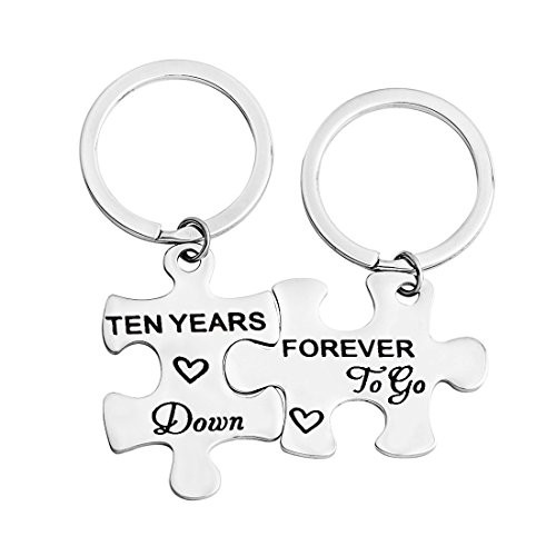 FEELMEM 10th Anniversary Present Ten Years Down Forever To Go Couples Puzzle Keychain Set Of Two 10 Years Anniversary Key Chain Present For Him or Her  silver