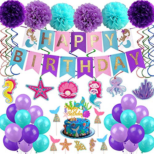 Rainmae Mermaid Birthday Party Decorations Supply Set   Happy Birthday Mermaid Banner Mermaid Balloons Mermaid Cupcake Toppers Pom Pom Paper Flowers Hanging Swirl for Girl s Birthday Party and Baby Shower Party Decorations