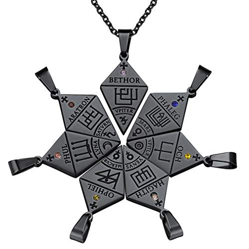 FaithHeart Seven Archangels Pendant Necklace from Monday to Friday Stainless Steel Sigil Talisman Necklace Set Protect Amulet Jewelry for Women Men  Gift Packaging  Black