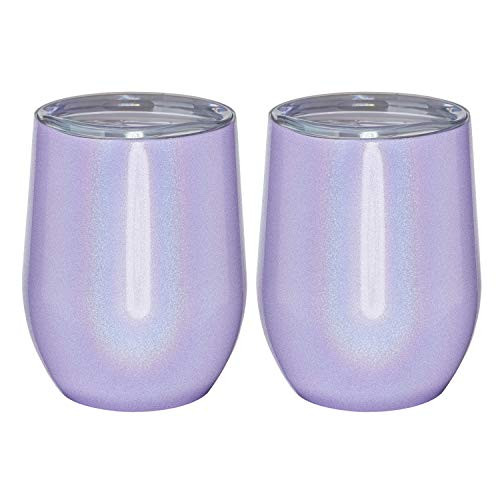 WBRWP Stainless Steel Stemless Travel Tumbler Cup   12oz Unbreakable Camping Mug Cup with Lid for Wine Coffee Drinks Champagne Cocktails 2 Pieces Shining Purple