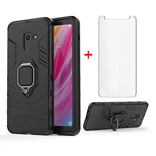 Phone Case for Samsung Galaxy A8 with Tempered Glass Screen Protector Cover and Magnetic Ring Holder Stand Kickstand Slim Hard Cell Accessories Glaxay A 8 2018 8A SM A530F A530 Boys Girls Cases Black