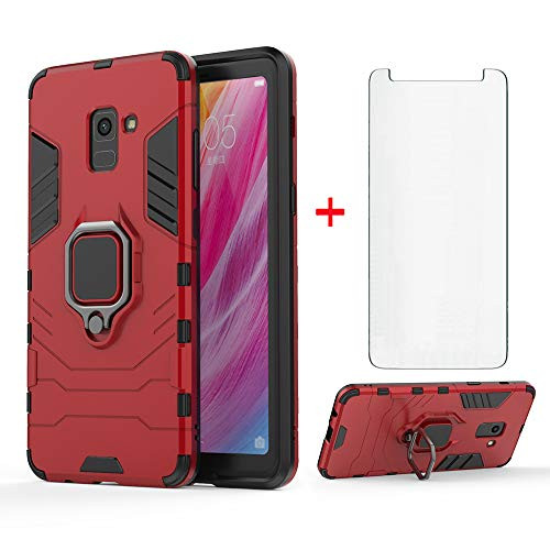 Phone Case for Samsung Galaxy A8 with Tempered Glass Screen Protector Cover and Magnetic Ring Holder Stand Kickstand Slim Hard Cell Accessories Glaxay A 8 2018 8A SM A530F A530 Women Girls Cases Red