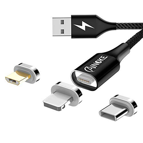 USB Magnetic Cable,Ainoke 3A Magnetic USB Charging Cable 3-in1 Cable Fast Charging Sync Data Cable with Micro USB Type C,Nylon Braided with LED for Android USB C(6.6ft/2M)