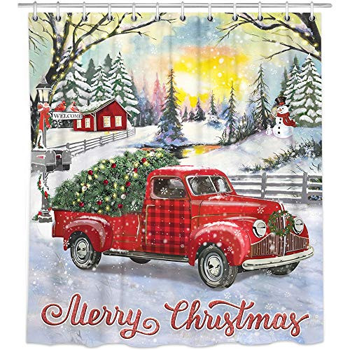 Bonsai Tree Merry Christmas Shower Curtain Waterproof Red Car with Christmas Tree Bathroom Curtains Snow Xmas Fabric Shower Curtains Hooks for Bathroom Decor 72 x78
