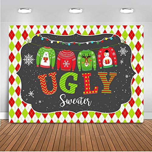Mocsicka Ugly Sweater Backdrop 7x5ft Vinyl Get Ugly Tacky Christmas Sweater Party Decoration Banner Supplies Merry Christmas Elf Home Decor Photography Backdrops