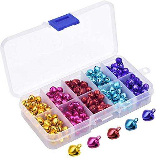 HQDeal 300PCS Colorful Jingle Bells with Storage Box Small Bells Mini Bells Craft Bells Metal Bells DIY Bells for Christmas Festival Decorations Cat Collars Jewelry Making 10mm 5 Colors